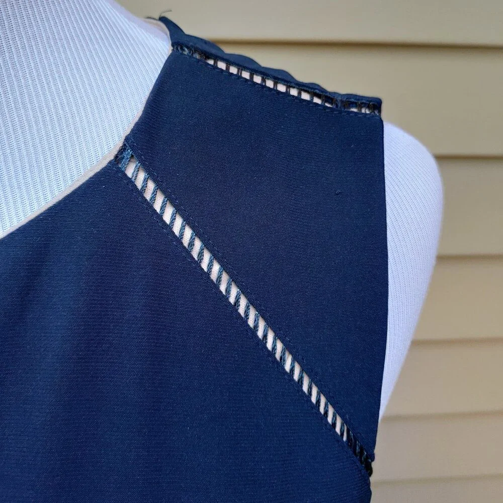 Alex Marie A-Line Dress Dark Blue Navy Ladder Trim Accents Sleeveless Classic